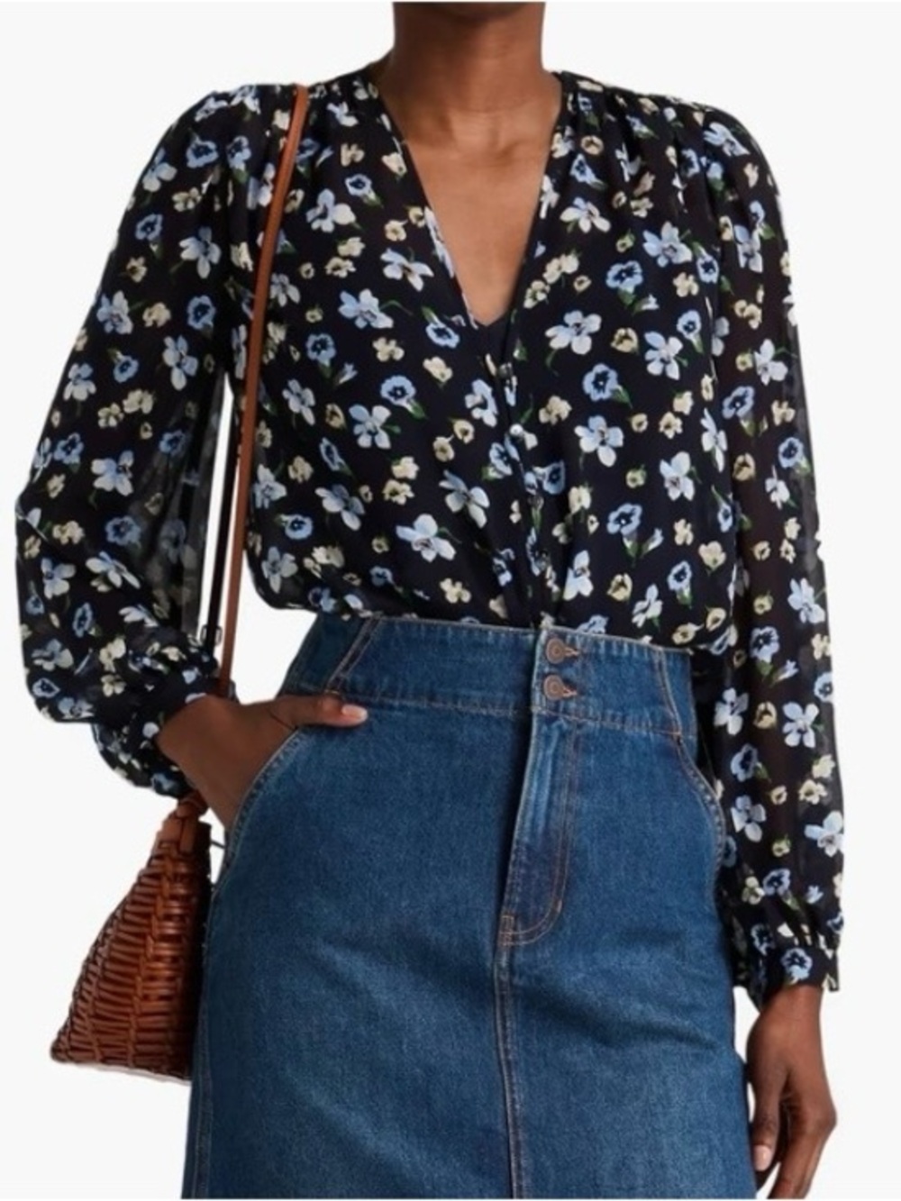 Veronica Beard Alec Silk Blouse 10 Black Floral Sheer V Neck Top